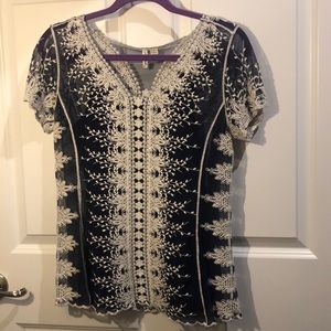 Navy and Ivory, Sheer Embroidered Top with Camisole Under Layer